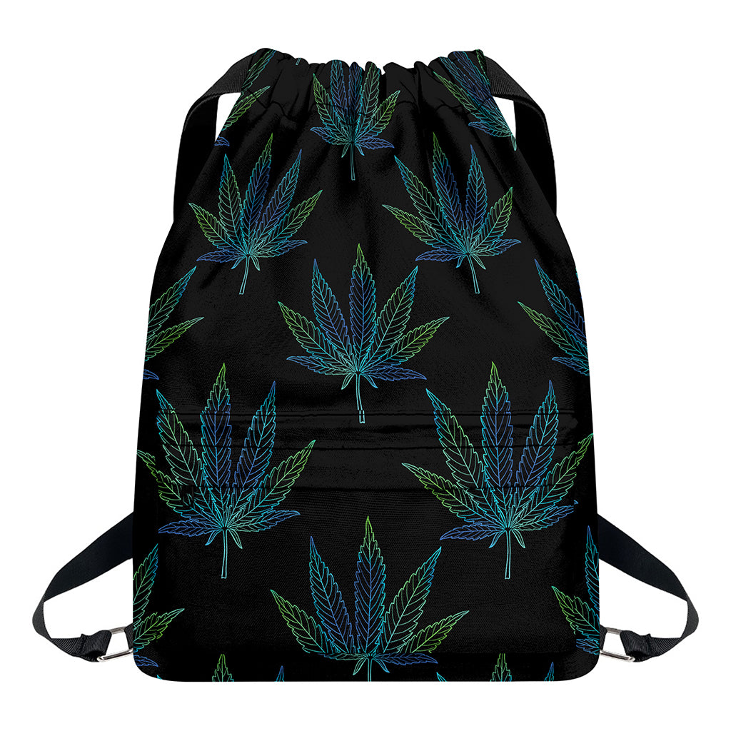 Blue And Green Weed Leaf Pattern Print Drawstring Backpack