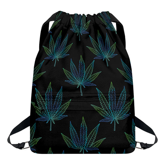 Blue And Green Weed Leaf Pattern Print Drawstring Backpack