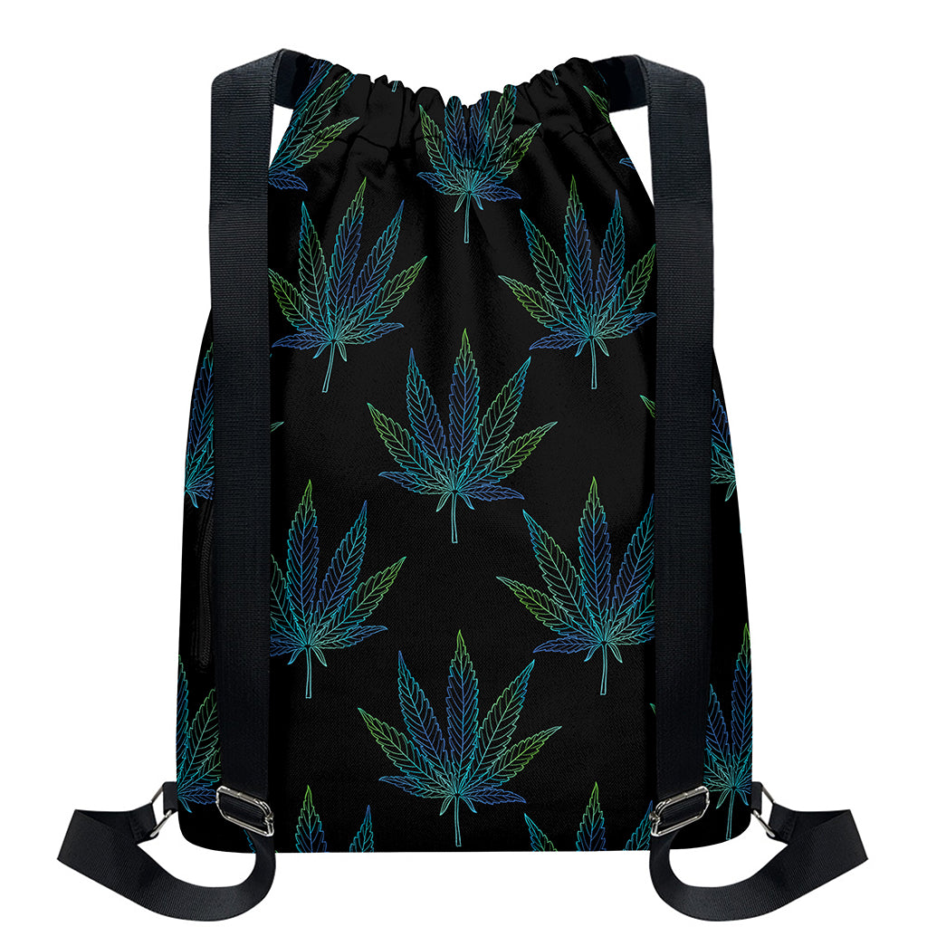 Blue And Green Weed Leaf Pattern Print Drawstring Backpack