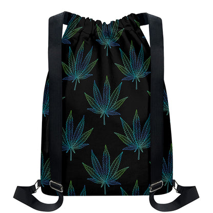 Blue And Green Weed Leaf Pattern Print Drawstring Backpack