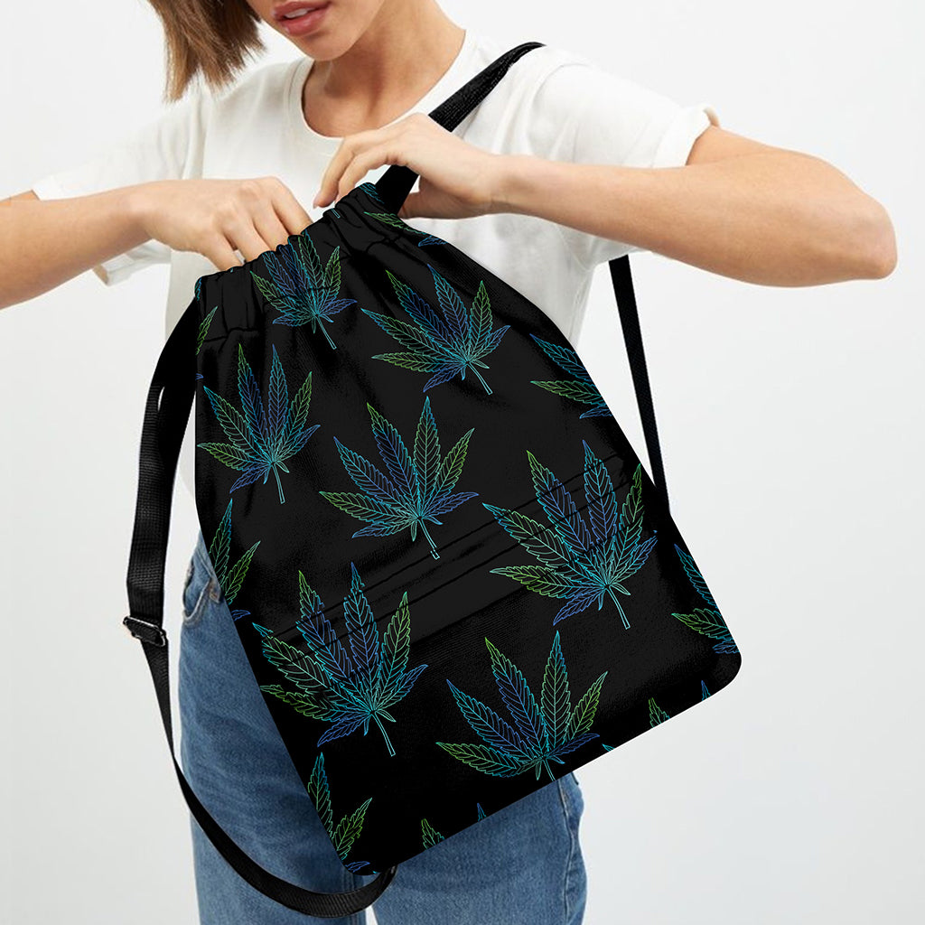 Blue And Green Weed Leaf Pattern Print Drawstring Backpack
