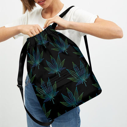Blue And Green Weed Leaf Pattern Print Drawstring Backpack