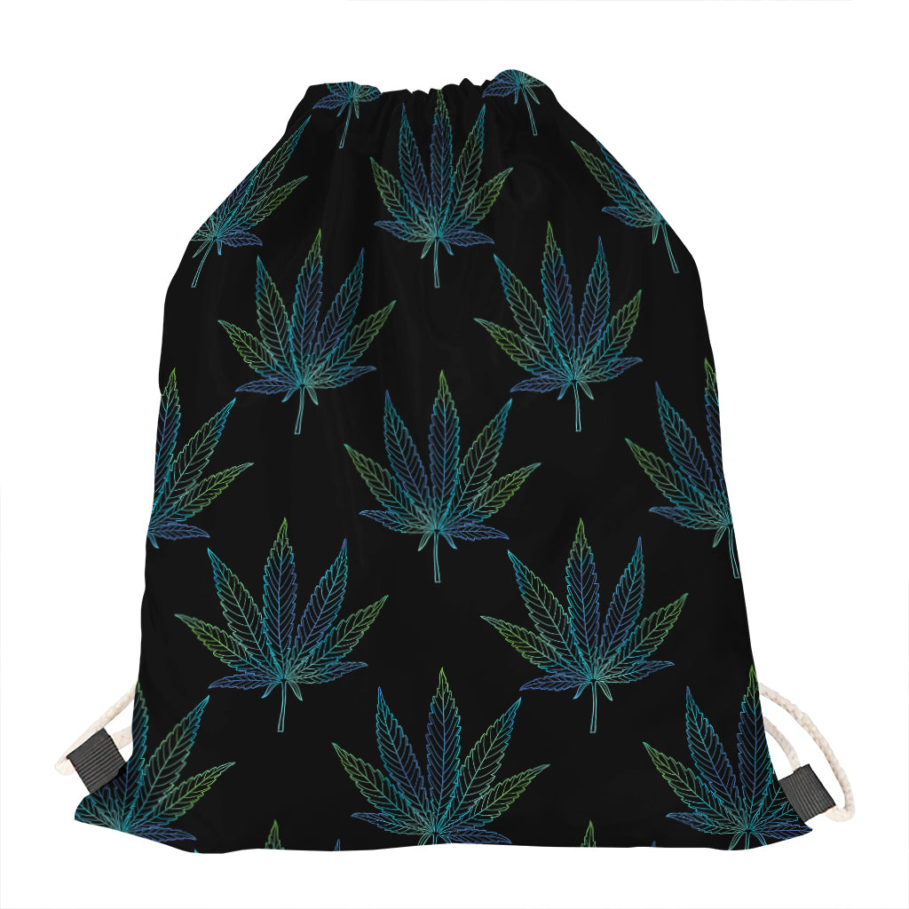 Blue And Green Weed Leaf Pattern Print Drawstring Bag