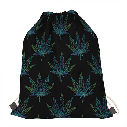 Blue And Green Weed Leaf Pattern Print Drawstring Bag