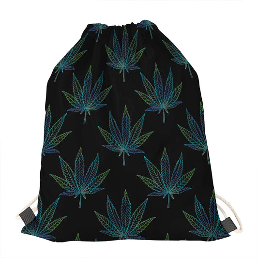 Blue And Green Weed Leaf Pattern Print Drawstring Bag