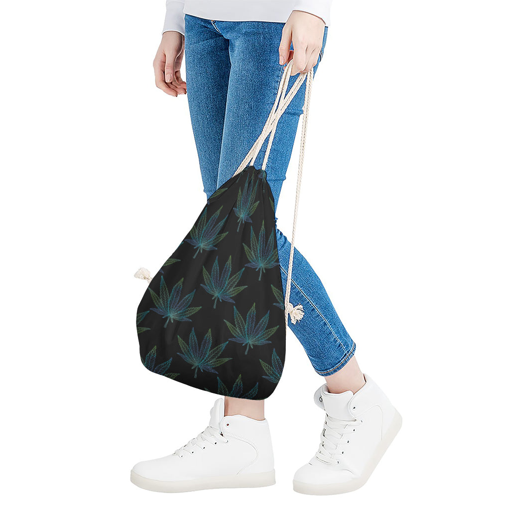 Blue And Green Weed Leaf Pattern Print Drawstring Bag