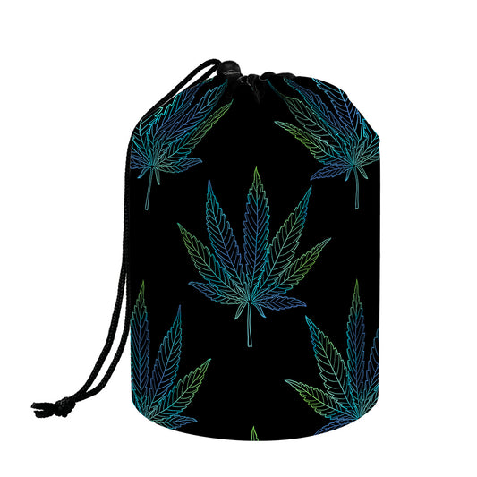 Blue And Green Weed Leaf Pattern Print Drawstring Makeup Bag