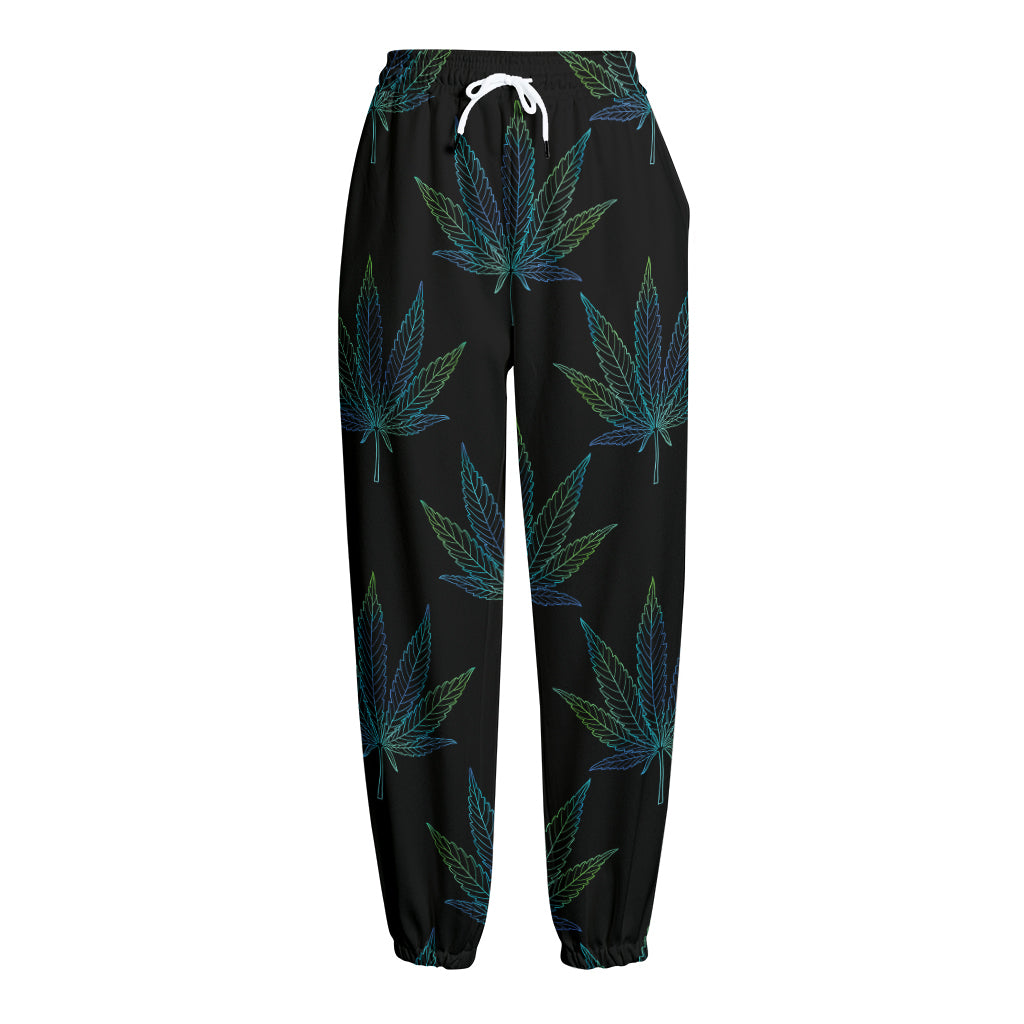Blue And Green Weed Leaf Pattern Print Fleece Lined Knit Pants