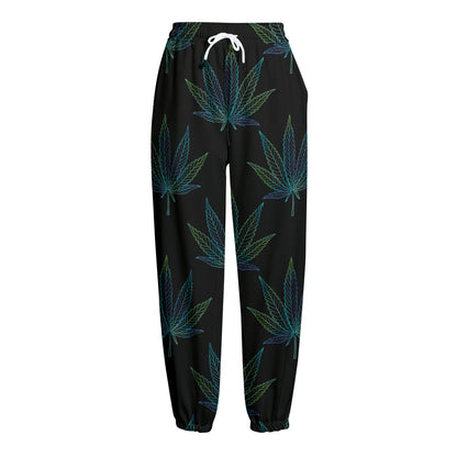 Blue And Green Weed Leaf Pattern Print Fleece Lined Knit Pants