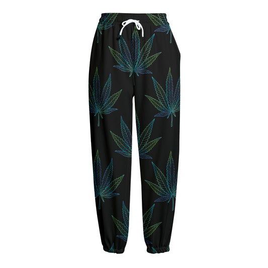 Blue And Green Weed Leaf Pattern Print Fleece Lined Knit Pants