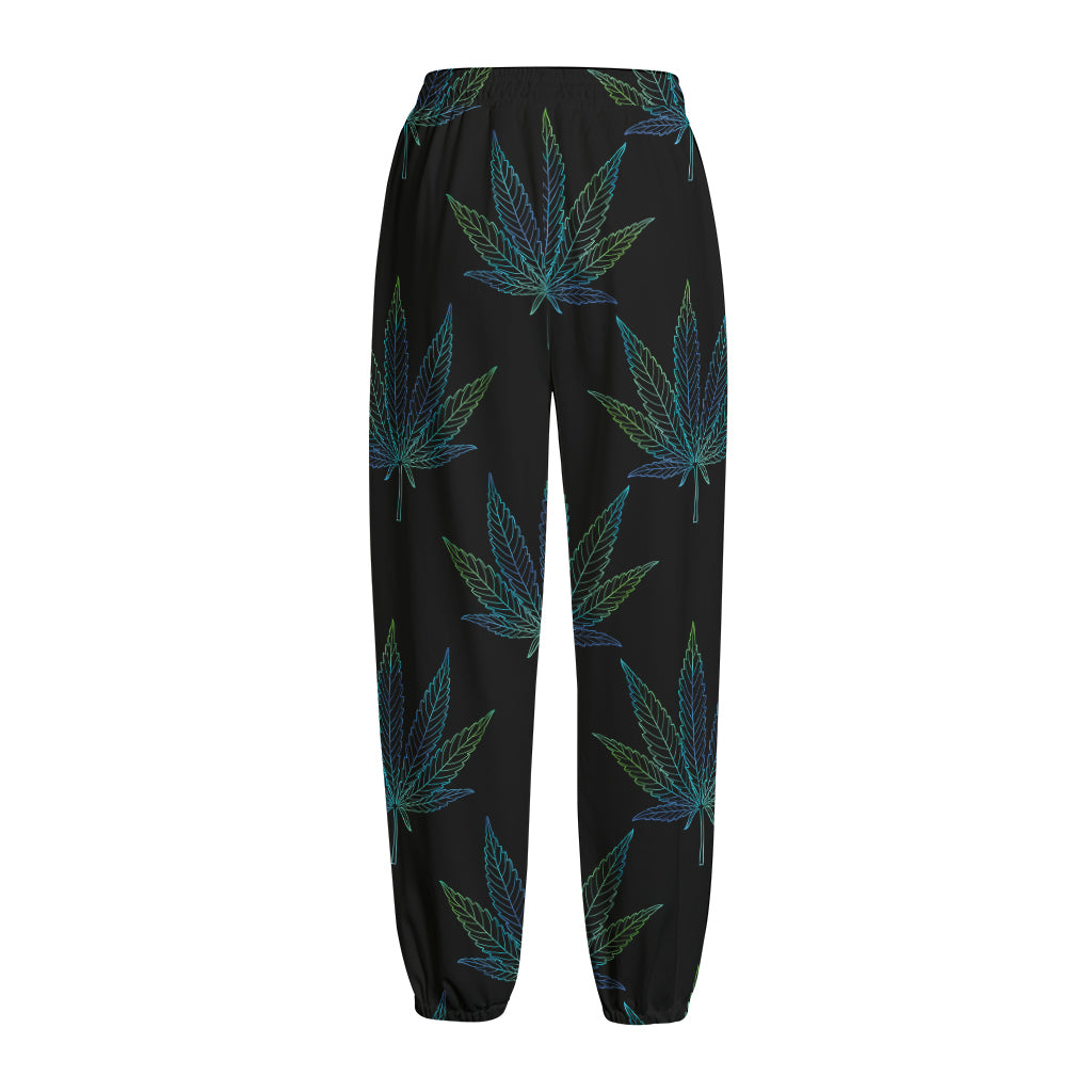 Blue And Green Weed Leaf Pattern Print Fleece Lined Knit Pants