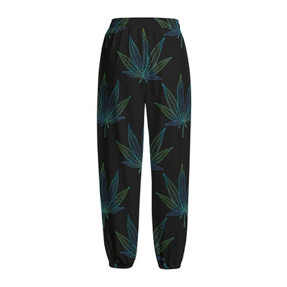 Blue And Green Weed Leaf Pattern Print Fleece Lined Knit Pants