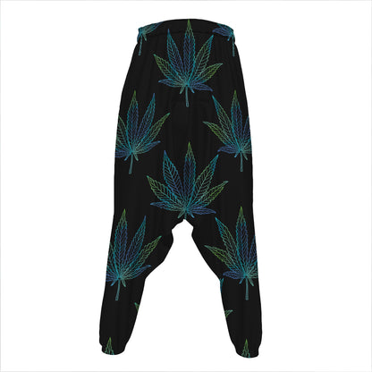 Blue And Green Weed Leaf Pattern Print Hammer Pants