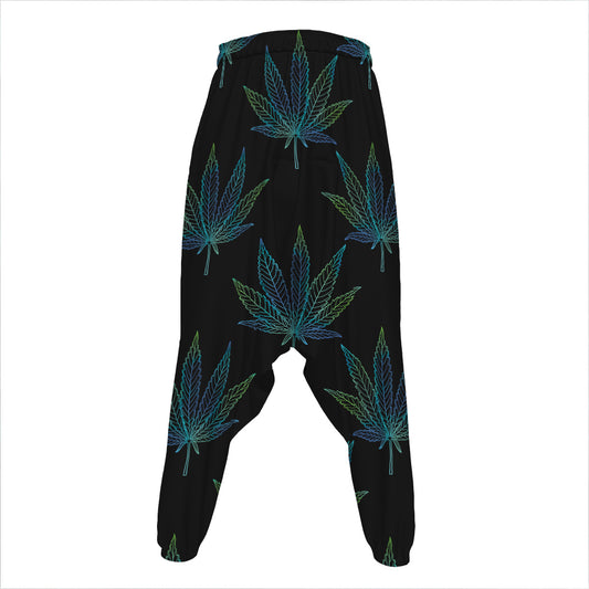 Blue And Green Weed Leaf Pattern Print Hammer Pants