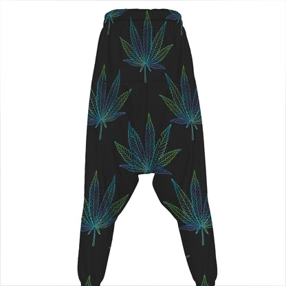 Blue And Green Weed Leaf Pattern Print Hammer Pants