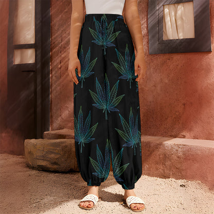 Blue And Green Weed Leaf Pattern Print Harem Pants