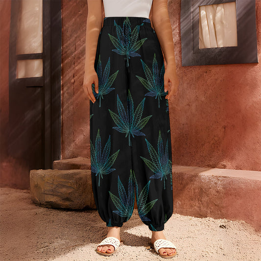 Blue And Green Weed Leaf Pattern Print Harem Pants