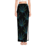 Blue And Green Weed Leaf Pattern Print High Slit Maxi Skirt