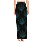 Blue And Green Weed Leaf Pattern Print High Slit Maxi Skirt