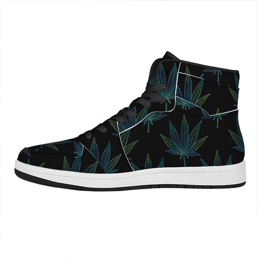Blue And Green Weed Leaf Pattern Print High Top Leather Sneakers