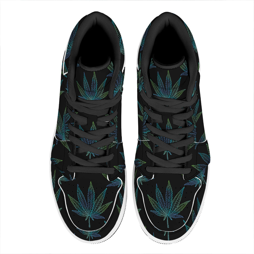 Blue And Green Weed Leaf Pattern Print High Top Leather Sneakers