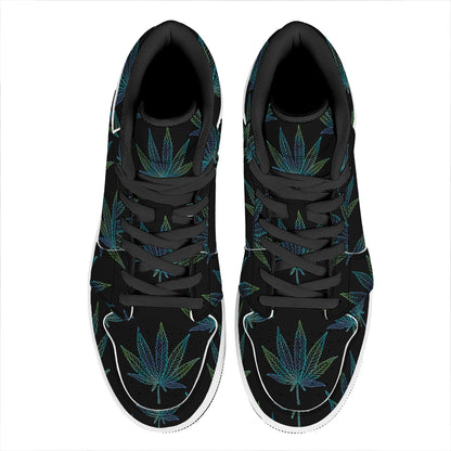 Blue And Green Weed Leaf Pattern Print High Top Leather Sneakers