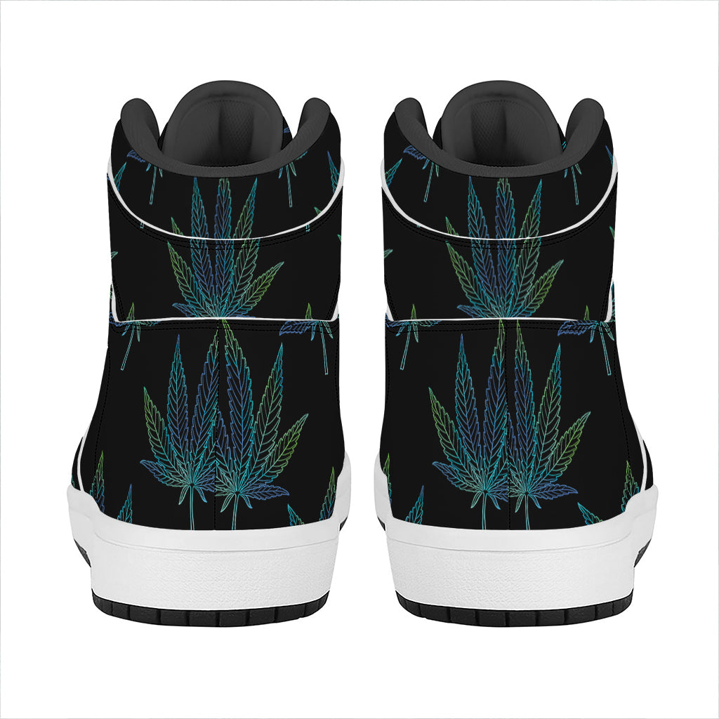 Blue And Green Weed Leaf Pattern Print High Top Leather Sneakers