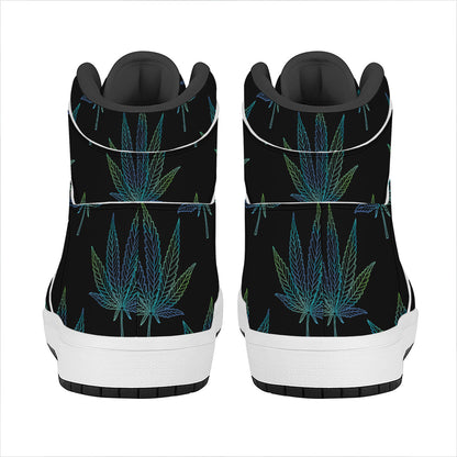 Blue And Green Weed Leaf Pattern Print High Top Leather Sneakers