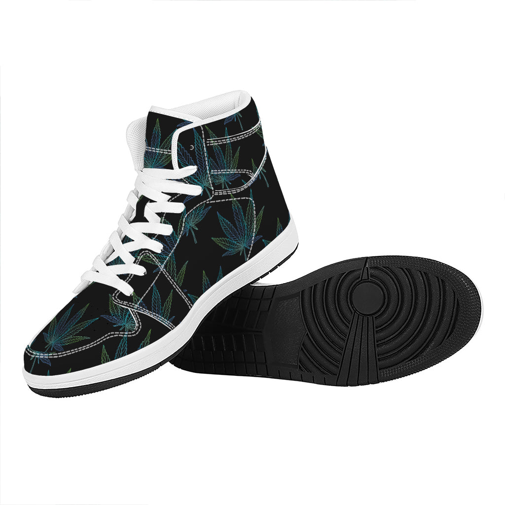 Blue And Green Weed Leaf Pattern Print High Top Leather Sneakers