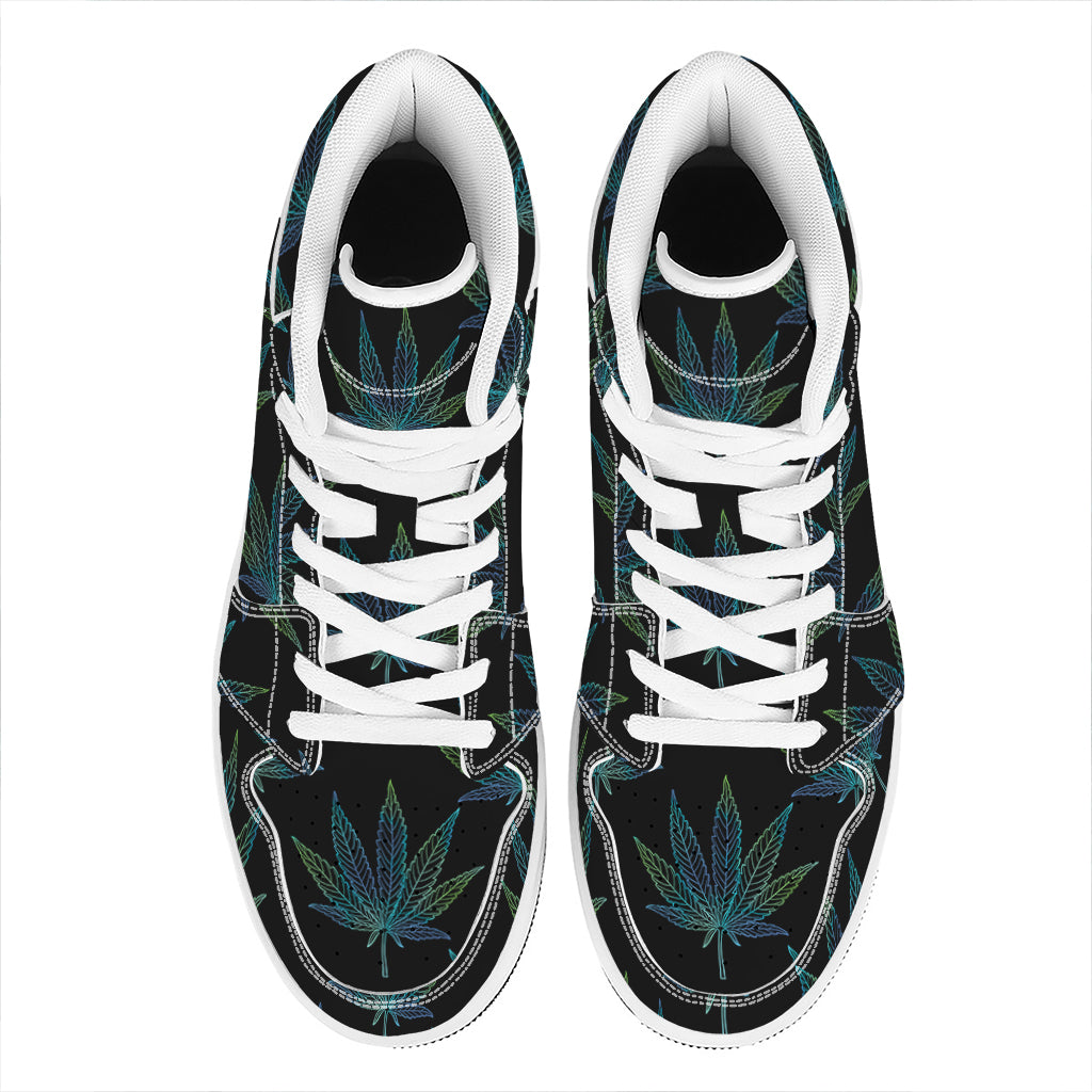 Blue And Green Weed Leaf Pattern Print High Top Leather Sneakers
