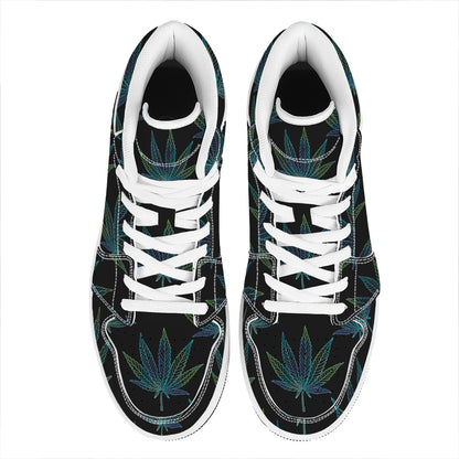 Blue And Green Weed Leaf Pattern Print High Top Leather Sneakers
