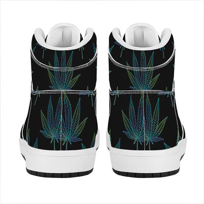 Blue And Green Weed Leaf Pattern Print High Top Leather Sneakers