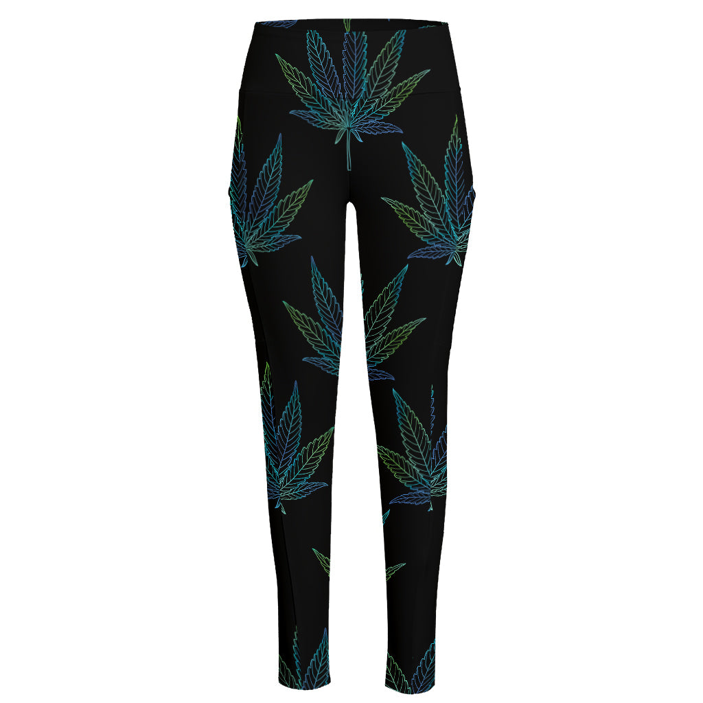 Blue And Green Weed Leaf Pattern Print High-Waisted Pocket Leggings