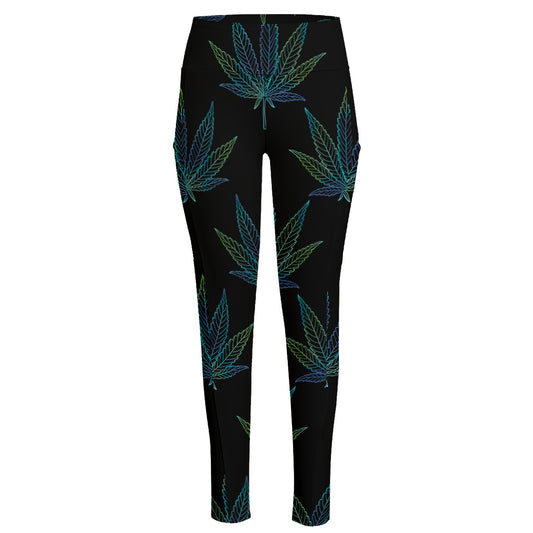 Blue And Green Weed Leaf Pattern Print High-Waisted Pocket Leggings