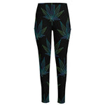 Blue And Green Weed Leaf Pattern Print High-Waisted Pocket Leggings