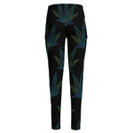 Blue And Green Weed Leaf Pattern Print High-Waisted Pocket Leggings