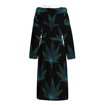 Blue And Green Weed Leaf Pattern Print Hooded Bathrobe