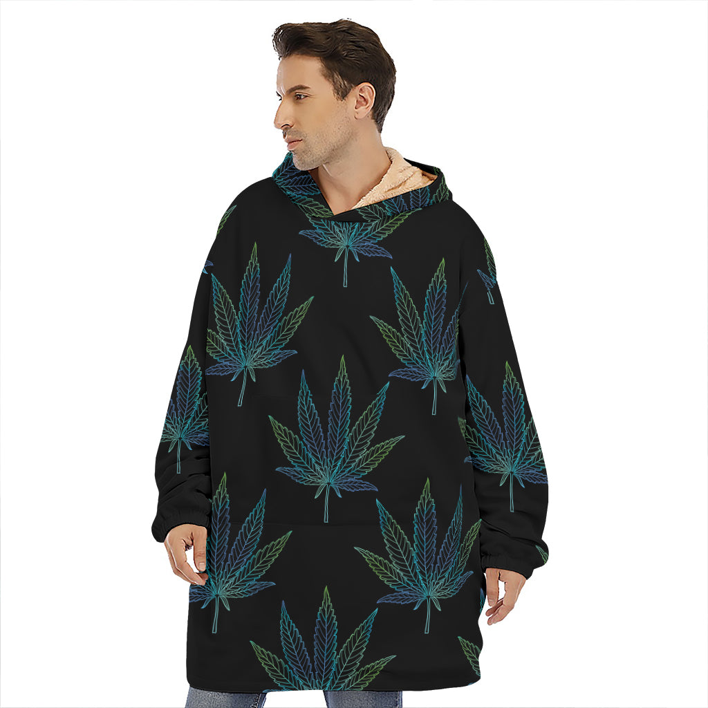 Blue And Green Weed Leaf Pattern Print Hoodie Blanket
