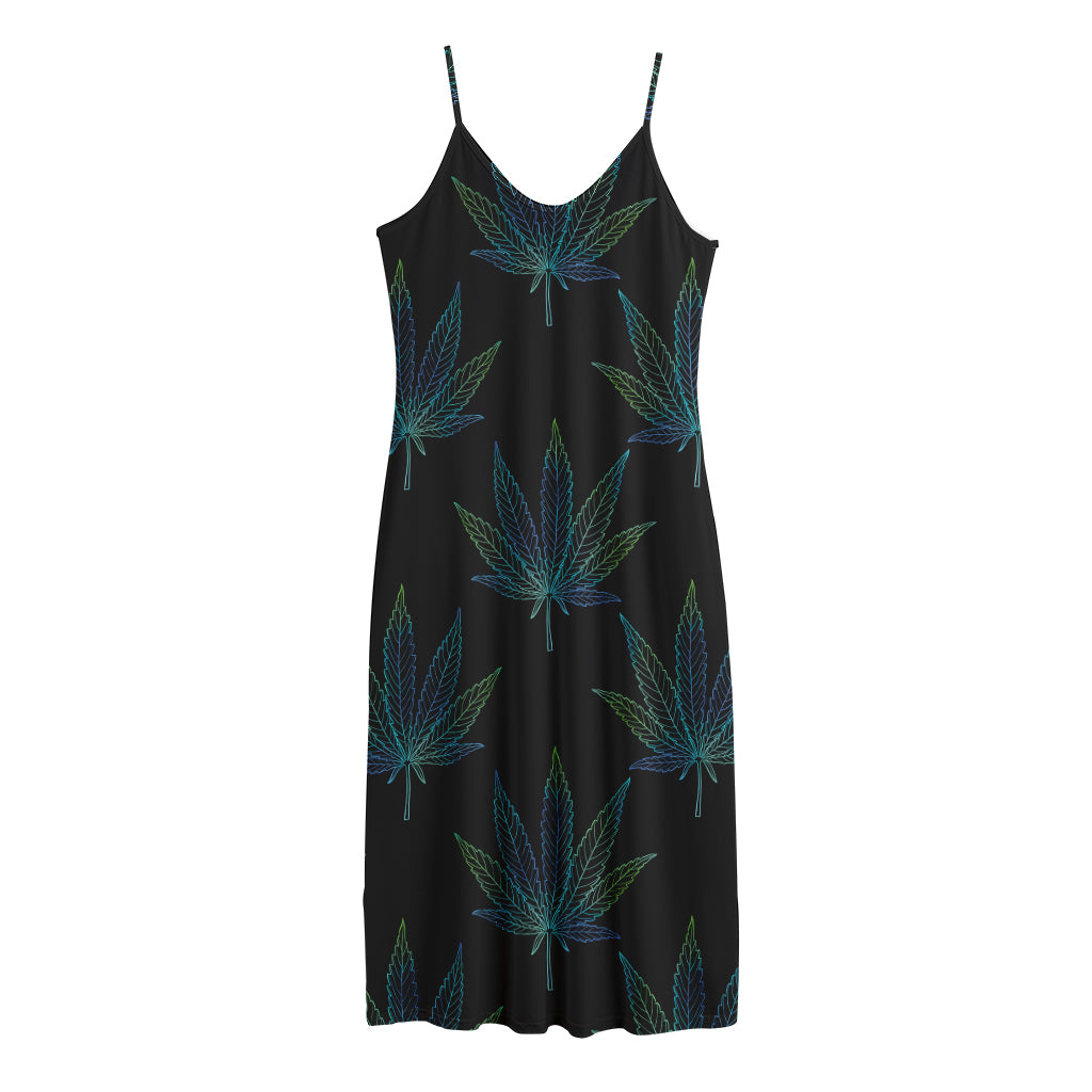 Blue And Green Weed Leaf Pattern Print Jersey Midi Cami Dress