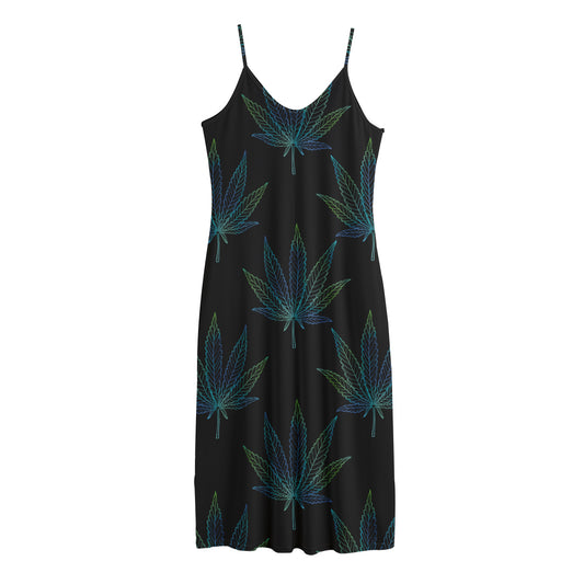 Blue And Green Weed Leaf Pattern Print Jersey Midi Cami Dress