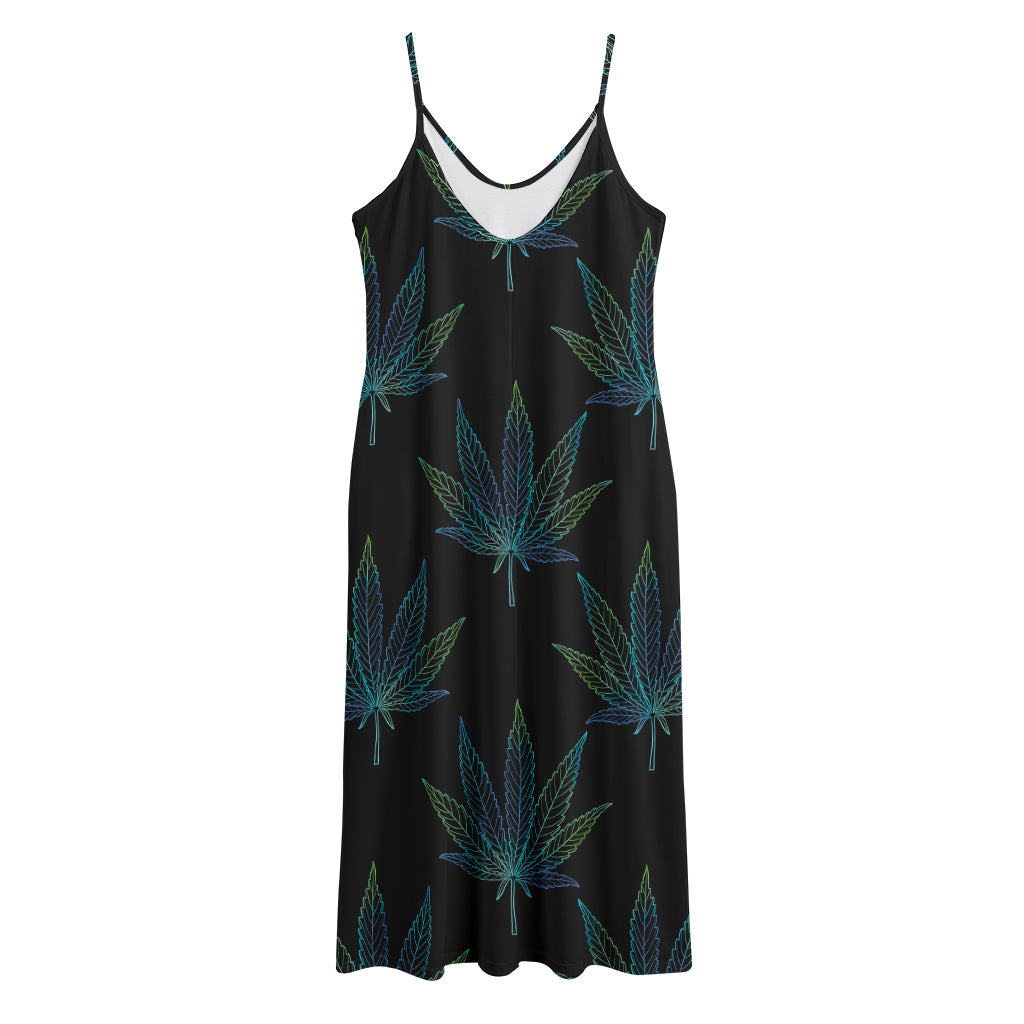 Blue And Green Weed Leaf Pattern Print Jersey Midi Cami Dress