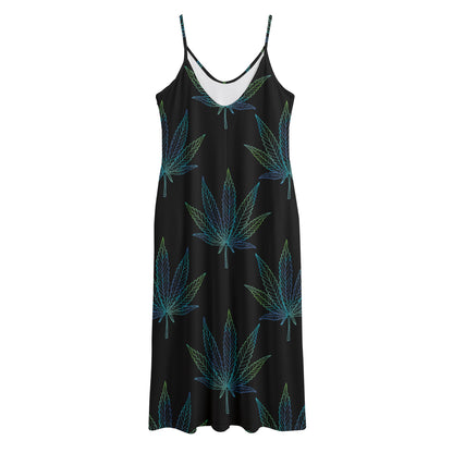 Blue And Green Weed Leaf Pattern Print Jersey Midi Cami Dress