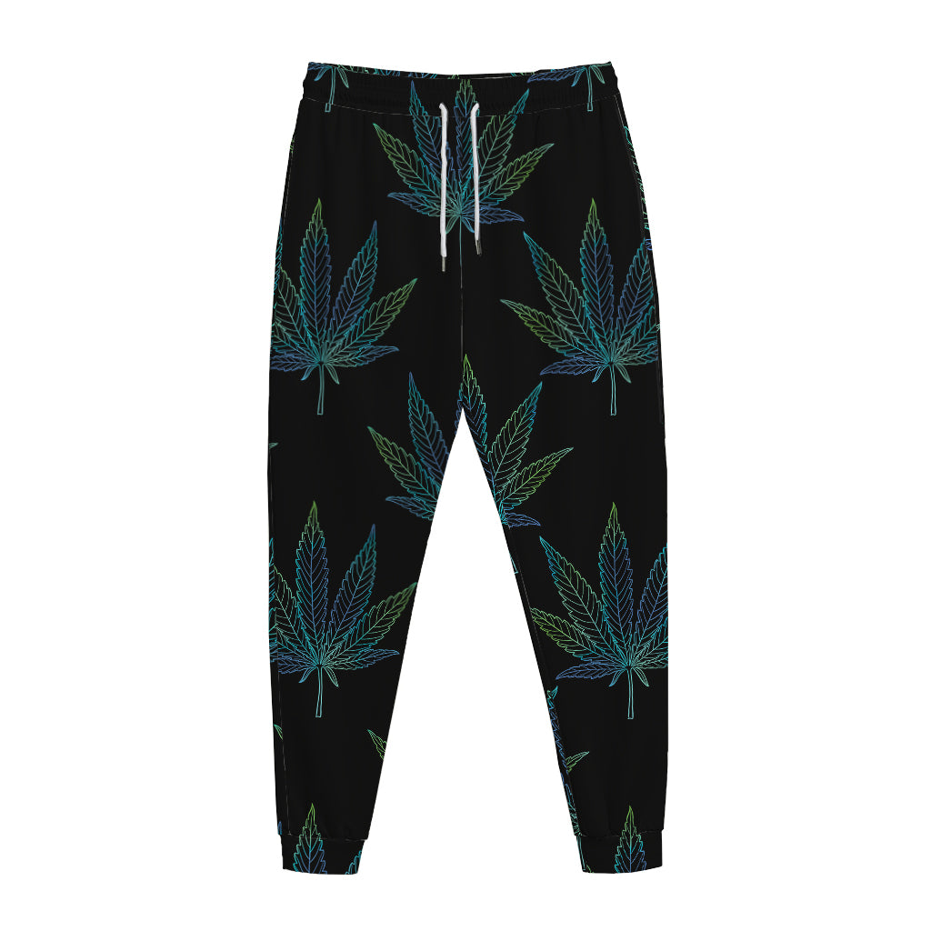 Blue And Green Weed Leaf Pattern Print Jogger Pants