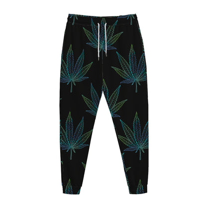 Blue And Green Weed Leaf Pattern Print Jogger Pants