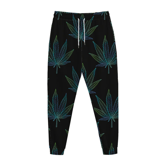 Blue And Green Weed Leaf Pattern Print Jogger Pants