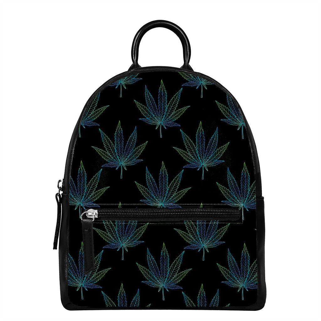Blue And Green Weed Leaf Pattern Print Leather Backpack