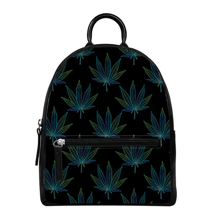 Blue And Green Weed Leaf Pattern Print Leather Backpack