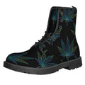 Blue And Green Weed Leaf Pattern Print Lace-Up Boots