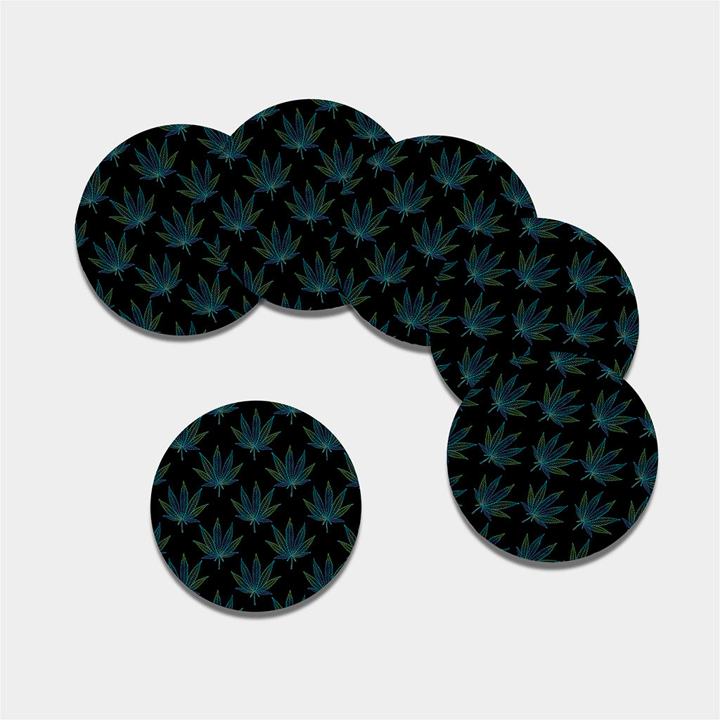Blue And Green Weed Leaf Pattern Print Leather Coaster Set