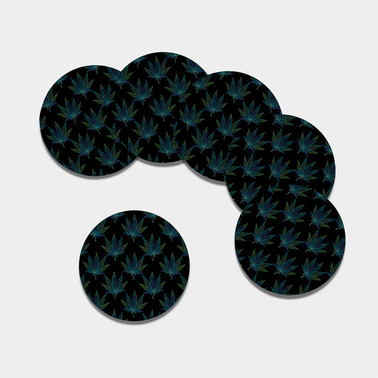 Blue And Green Weed Leaf Pattern Print Leather Coaster Set